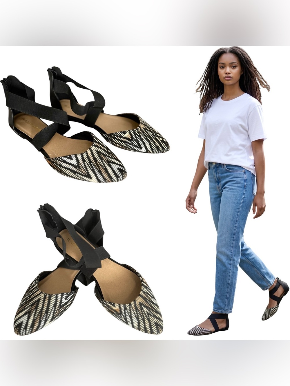 Rampage Black & Cream Pointed Ballet Flat with Crisscross Straps Back Zip Size 9
